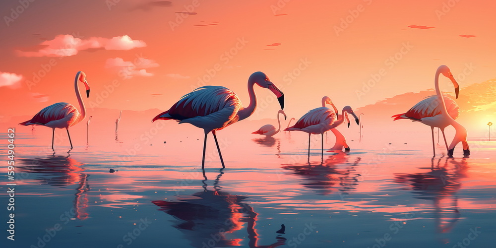 Obraz premium group of flamingos wading in shallow water, with a sunset in the background. Generative AI
