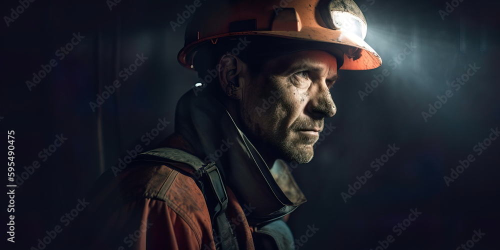 miner wearing a hard hat and headlamp while working underground in a dark and hazardous environment. Generative AI miner wearing a hard hat and headlamp while working underground in a dark and hazardous environment. Generative AI