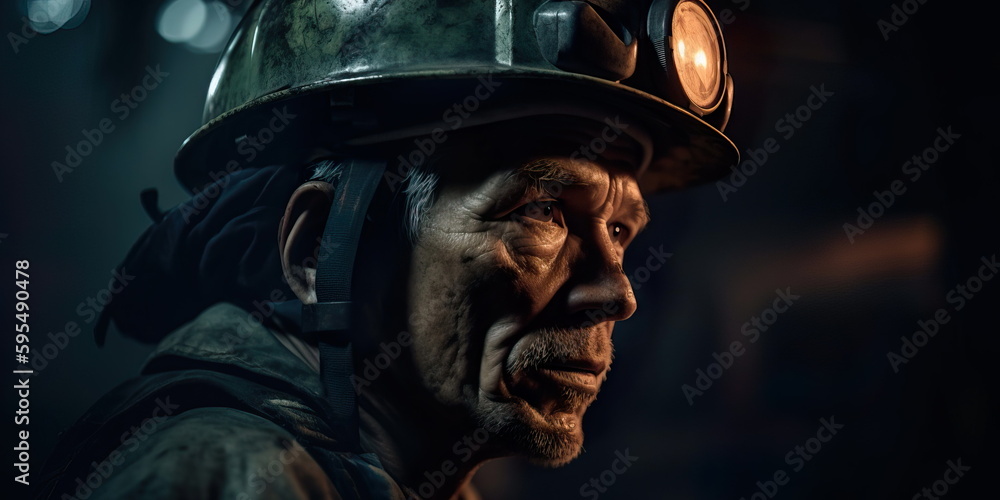 miner wearing a hard hat and headlamp while working underground in a dark and hazardous environment. Generative AI