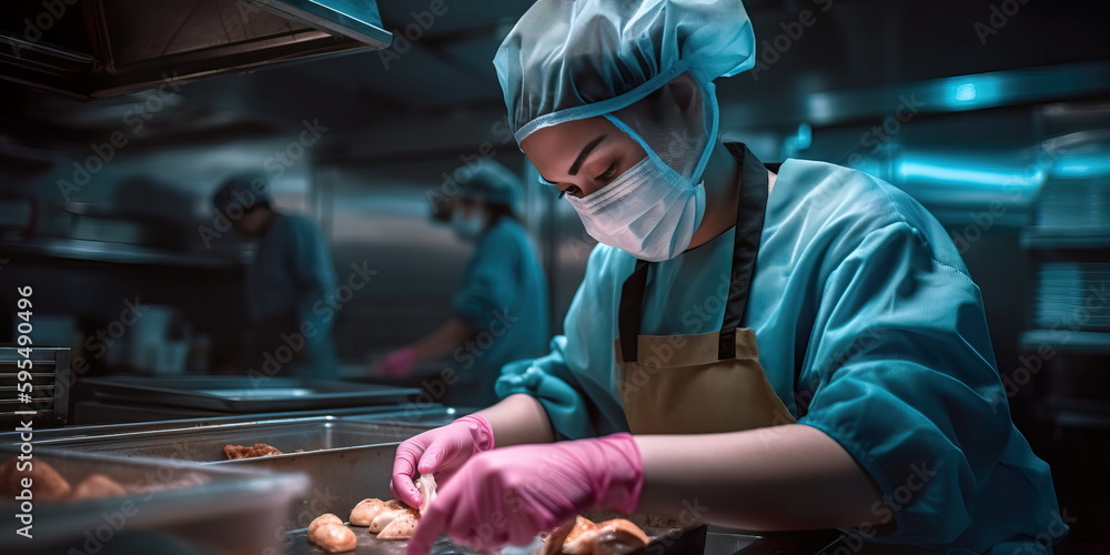 restaurant worker wearing a hair net and gloves while handling food to ...