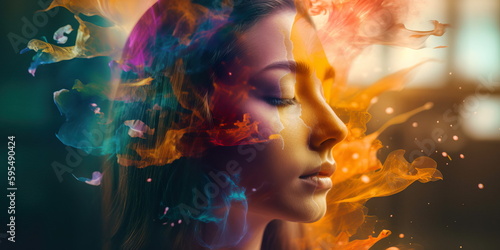 Double-exposure fashion portrait of beautiful young woman with colorful splash on her face Generative AI © Лилия Захарчук