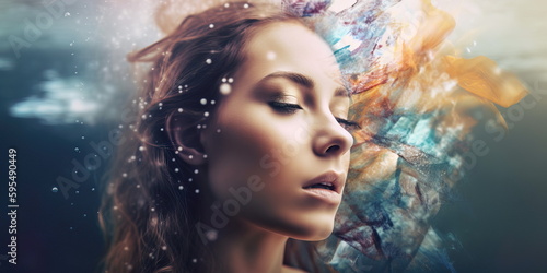 Double-exposure fashion portrait of beautiful young woman with colorful splash on her face Generative AI