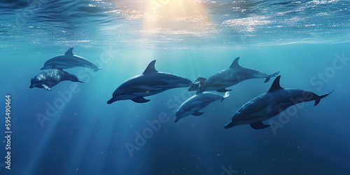 pod of dolphins swimming in the ocean  with sunlight filtering through the water and fish swimming around them Generative AI