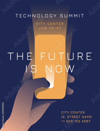 Hi-tech poster design. The client's hand with a smartphone on the screen on a dark background with a beam of light. Laconic print and advertising. Vector illustration