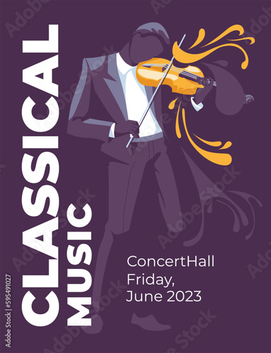 Jazz and classical music event poster design concept. Musician-violin among applause. Abstract decorative background. Vector flat illustration