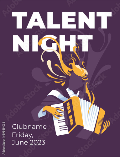 Jazz, folk and classical music event poster design concept. Accordionist musician in the splash. Abstract decorative background. Vector flat illustration