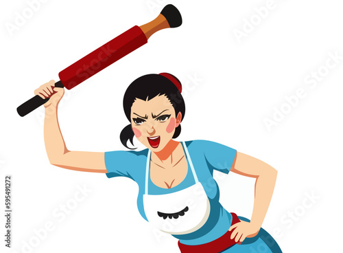 Angry woman in an apron holding a large rolling pin in her hand, cartoon caricature style.