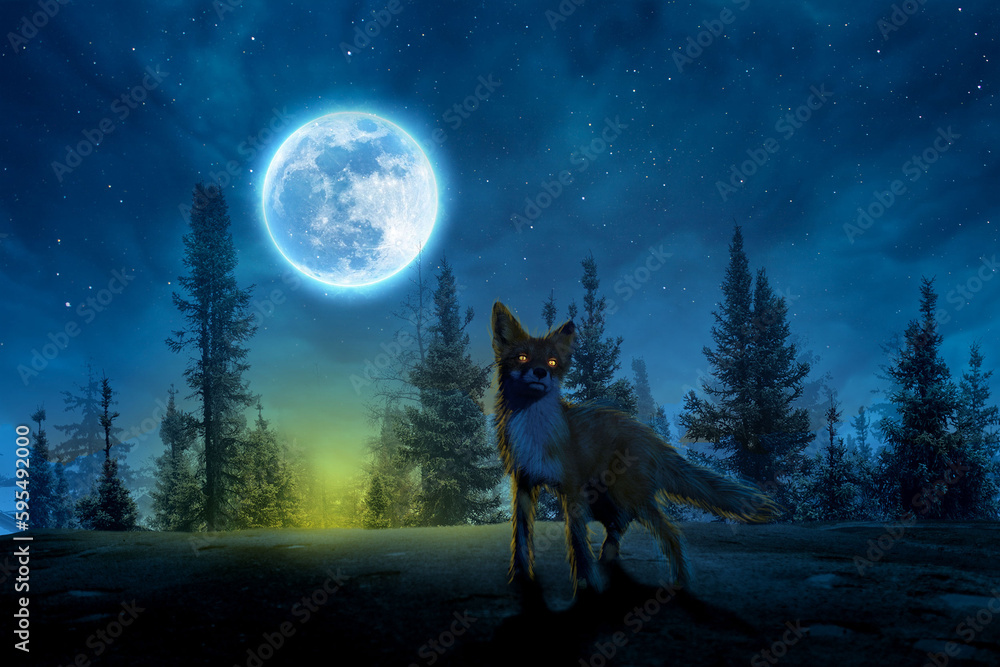 3d rendering. The fox in the night full moon. 3d rendering. The fox in the night full moon.