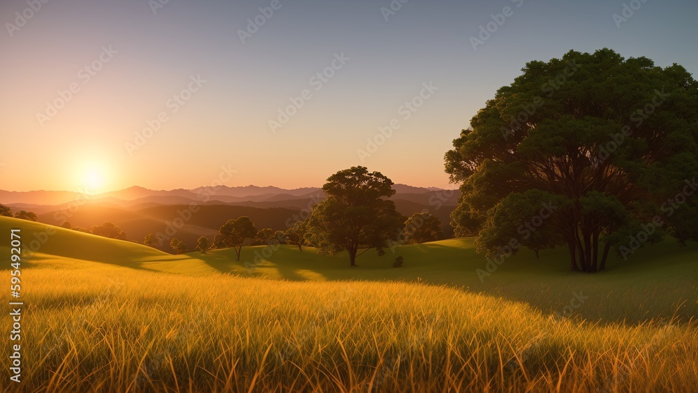 A Gorgeous View Of A Field With A Tree And A Sunset AI Generative