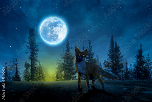 3d rendering. The fox in the night full moon.