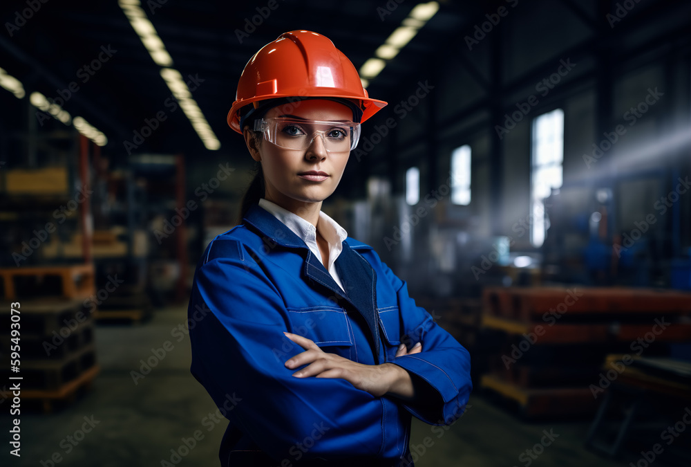 A beautiful woman in a protective helmet and uniform working in a warehouse in a manufacturing factory as a warehouse worker. Standing with her arms crossed. Generative ai A beautiful woman in a protective helmet and uniform working in a warehouse in a manufacturing factory as a warehouse worker. Standing with her arms crossed. Generative ai