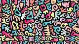 Continuous Seamless Colorful Abstract Gummy Shaped Doodle Pattern in Soft Pastel Tones, Black Background
