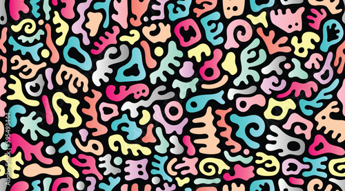 Continuous Seamless Colorful Abstract Gummy Shaped Doodle Pattern in Soft Pastel Tones, Black Background