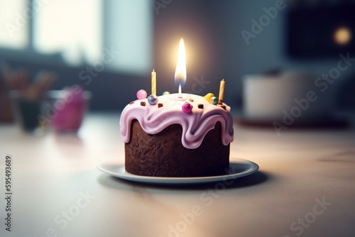 A cartoon-style AI-generated cake with a single candle on a white background  cute and small. Generative AI