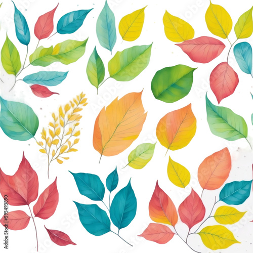 Seamless watercolor pattern of green and yellow leaves on white background 