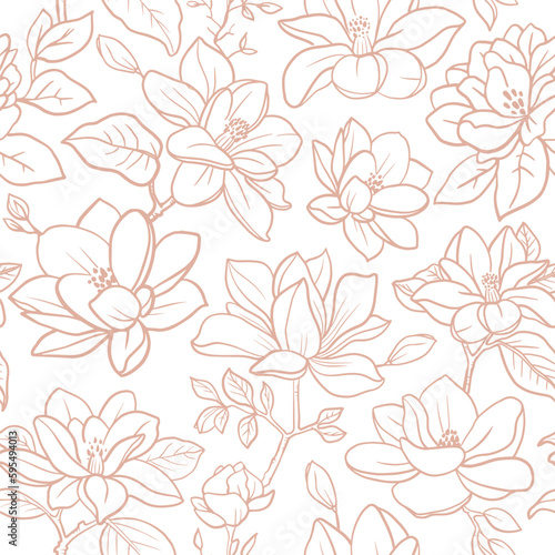Seamless vector vintage floral pattern magnolia branches with flowers and leaves © Katsiaryna