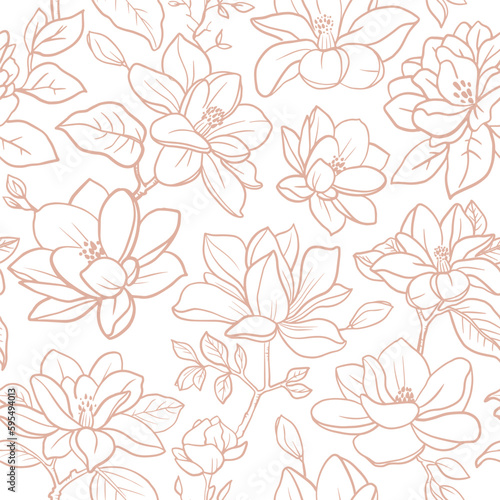 Seamless vector vintage floral pattern magnolia branches with flowers and leaves photo