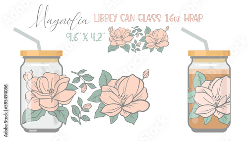 Printable Full wrap for libby class can. Floral pattern with magnolia flowers photo