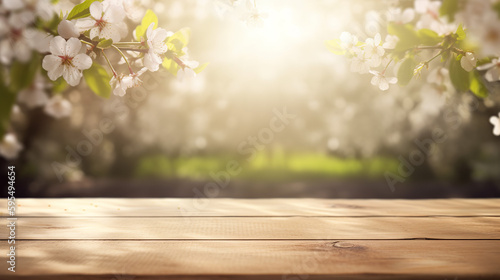 Spring Background With Empty Wooden Table Natural Template. Generative Ai