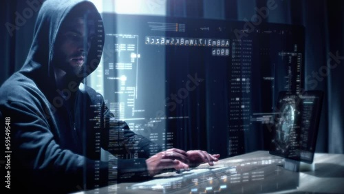 Futuristic Anonymous hacker trying to breached cybersecurity by using algorithm source code to exploit weakness in password security. Concept : Cyber Hacker -  Access denied photo