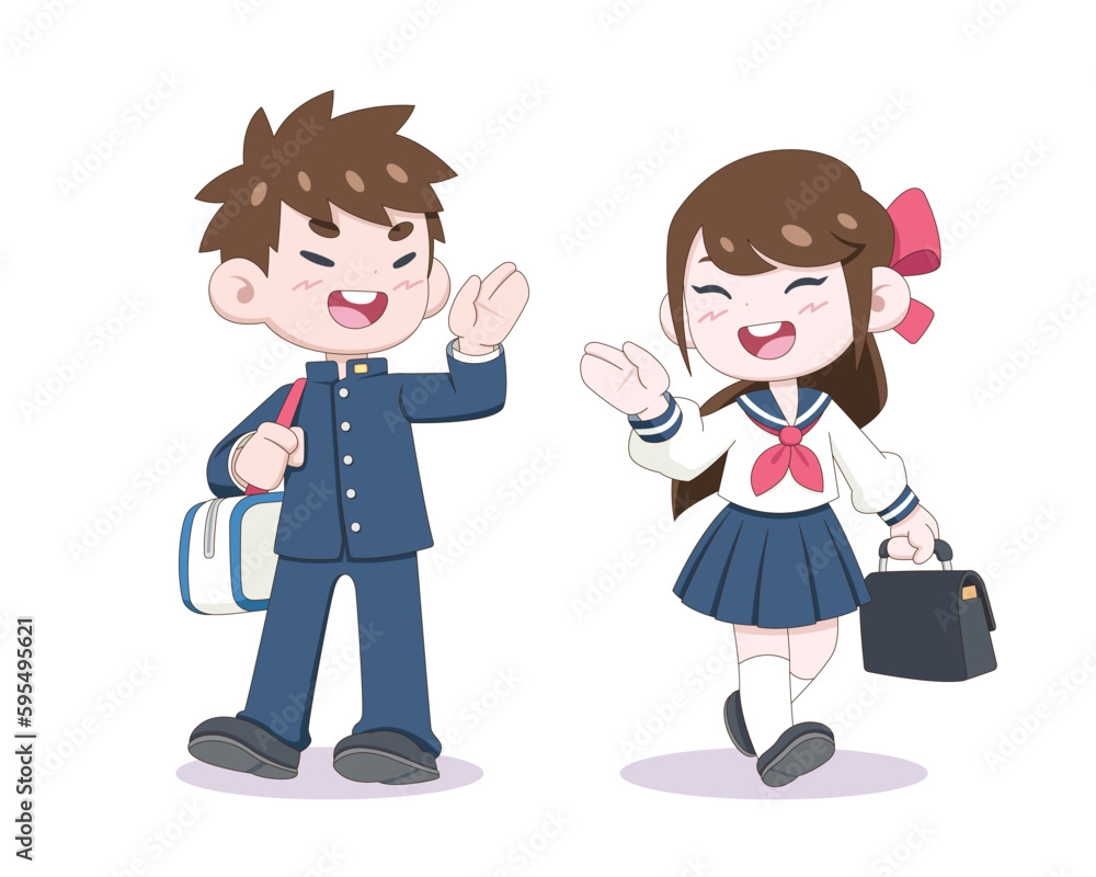 Cute style couple of anime students greeting to each other cartoon illustration
Cute style couple of anime students greeting to each other cartoon illustration