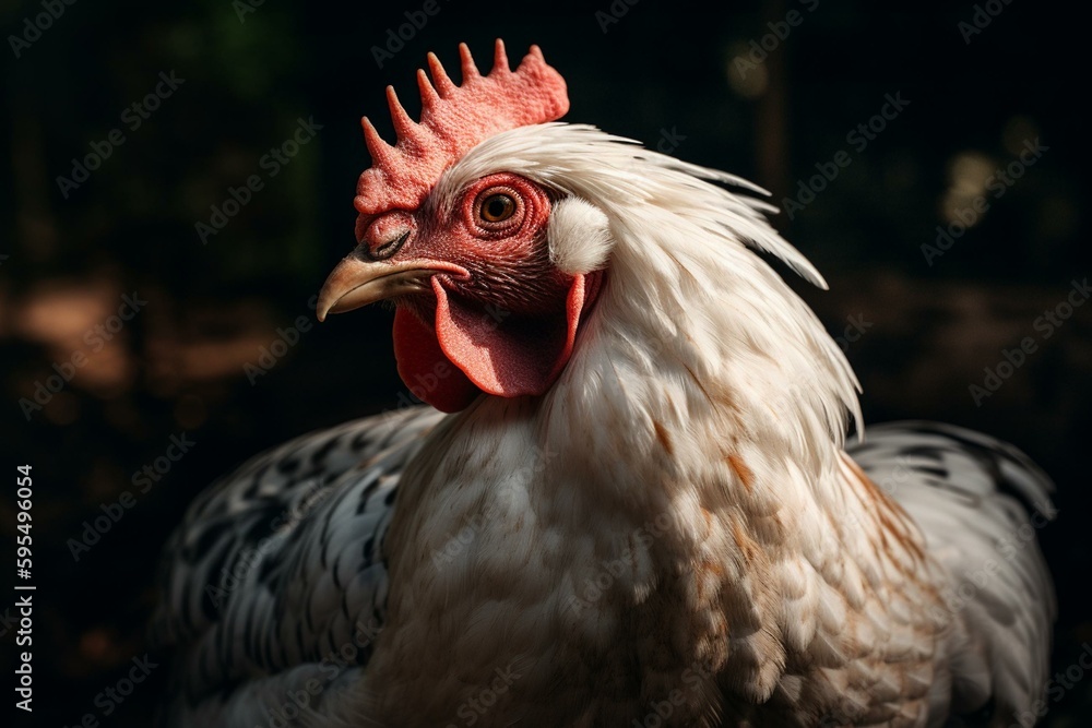 A rural farm animal with white and brown feathers, beak, and red comb. Includes chickens, hens, roosters, chicks, and eggs. Generative AI