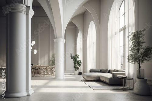 A minimalist 3D interior featuring a monochromatic pillar and arch. Generative AI