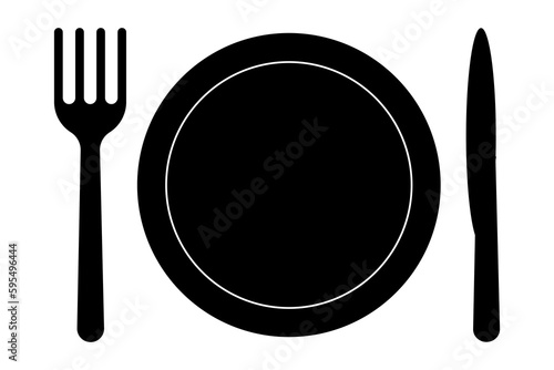 Monochrome design of fork, plate and knife - cutlery icon set. Vector illustration EPS 10 file.
