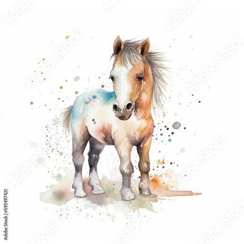 Watercolor baby horse. isolated on white background. Original watercolor stock illustration of baby horse.Generative AI
