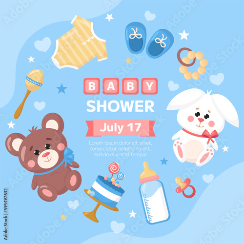 Vector baby shower invitation template poster. Cartoon childish toy bear, rabbit, kids booties, pacifier, bottle on blue background. Square backdrop, flyer, brochure for event