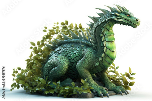 Image of a full length green wooden dragon isolated on a white background. Symbol of 2024. Large dragon surrounded by branches and leaves. High resolution. Generative AI  human enhanced