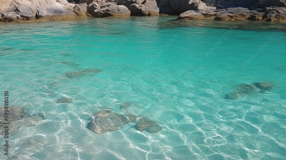 Textured backdrop of turquoise colored clear rippling water surface on beach Generative AI