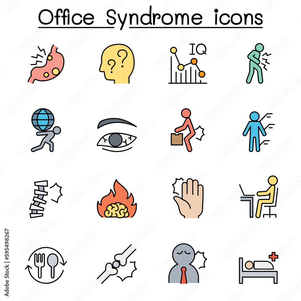 Fototapeta premium Office syndrome color line icon set