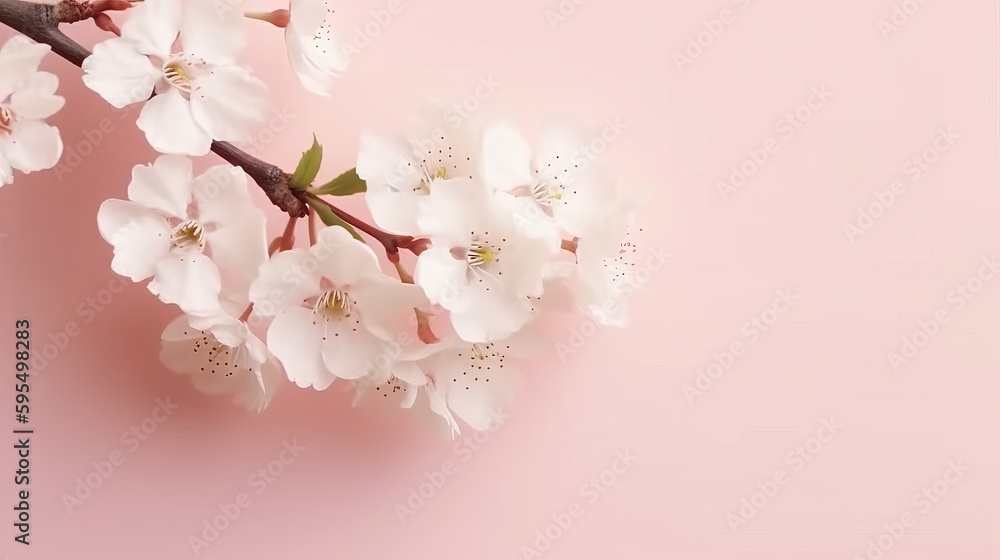 Fresh branch of white cherry blossoms on light pink background. Pastel color. Flat lay Generative AI
