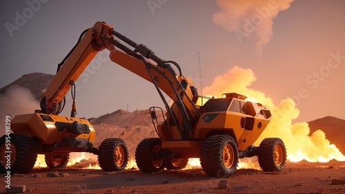 A Gorgeous Picture Of Two Large Tractors In Front Of A Mountain AI Generative