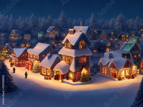 A Christmas village is lit up at night, and cute detailed digital art. 