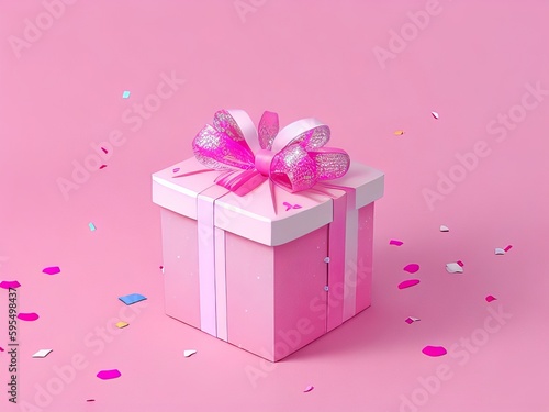 Christmas ornaments and a gift box against a pink background. 