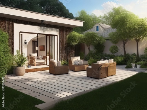 Patio with wicker furniture in a home's front yard. Generative AI.