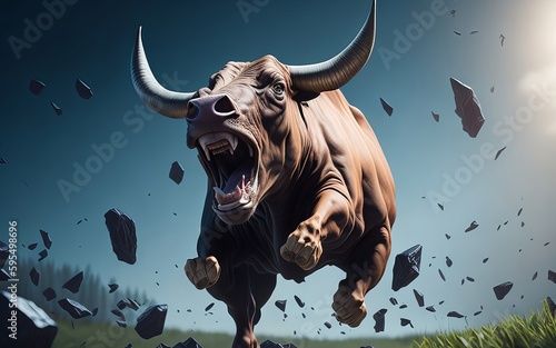 Screaming and running an angry bull. Generative AI.