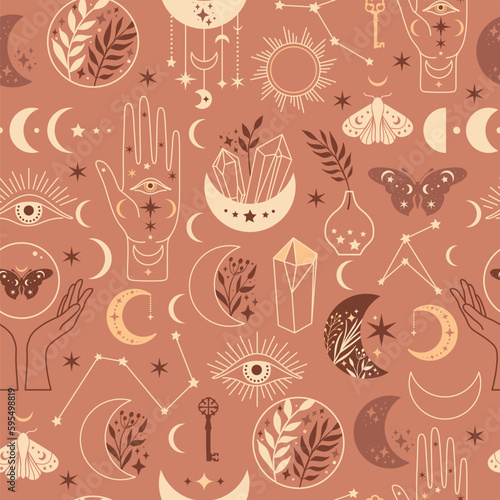 Fototapeta Naklejka Na Ścianę i Meble -  Seamless pattern Mystical moon phases and woman hands and moth, alchemy esoteric magic space, vector isolated on beige pink background