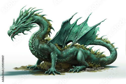 Image of a full length green wooden dragon isolated on a white background. Symbol of 2024. Large dragon surrounded by branches and leaves. High resolution. Generative AI  human enhanced