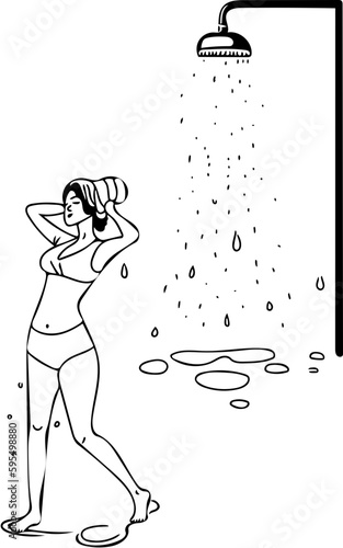 Eine dunkelhaarige Frau war in der Dusche. Sie trocknet sich die Haare mit einem Handtuch. Outline Illustration als schwarze Linien vor transparentem Hintergrund. Vektor. 