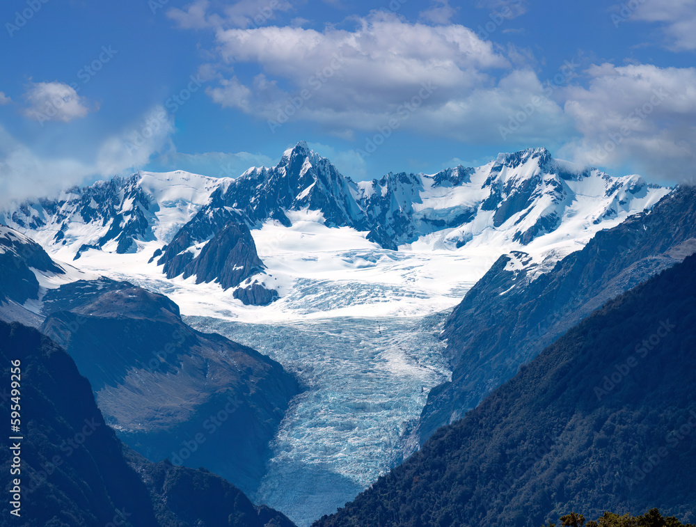 View of the Fox Glacier, Westland Tai Poutini National Park on the West Coast of New Zealand's South Island. View of the Fox Glacier, Westland Tai Poutini National Park on the West Coast of New Zealand's South Island.