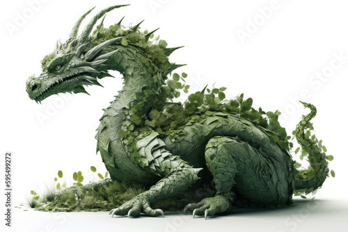 Image of a full length green wooden dragon isolated on a white background. Symbol of 2024. Large dragon surrounded by branches and leaves. High resolution. Generative AI  human enhanced