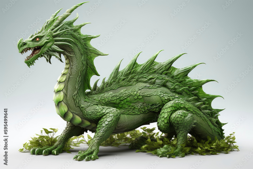 Obraz premium Image of a full length green wooden dragon isolated on a white background. Symbol of 2024. Large dragon surrounded by branches and leaves. High resolution. Generative AI, human enhanced
