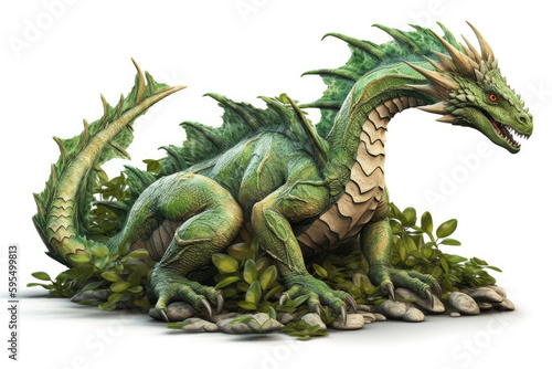 Image of a full length green wooden dragon isolated on a white background. Symbol of 2024. Large dragon surrounded by branches and leaves. High resolution. Generative AI  human enhanced