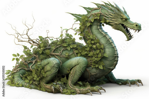 Image of a full length green wooden dragon isolated on a white background. Symbol of 2024. Large dragon surrounded by branches and leaves. High resolution. Generative AI  human enhanced