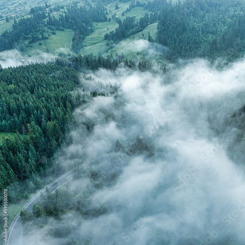 Aerial landscape, road through summer foggy forest