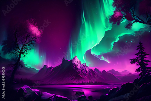 Colorful northern light aurora, borealis with purple and green flames over the sky