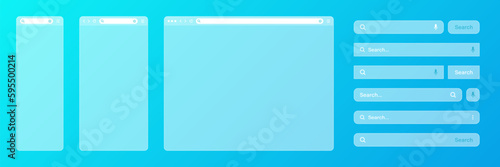 Blank transparent internet browser window with various search bar templates. Web site engine with search box, address bar and text field. UI design, website interface elements. Vector illustration